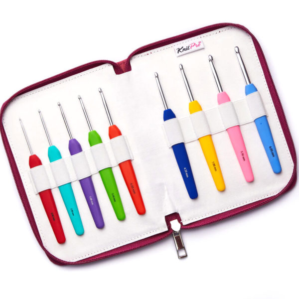 A lovely set of smooth aluminium crochet hooks with colourful soft grip handles, unique to size, stored in a pink and maroon fabric case. Contains hook sizes: 2.00mm, 2.50mm, 3.00mm, 3.50mm, 4.00mm, 4.50mm, 5.00mm, 5.50mm and 6.00mm. Length: 15cm.