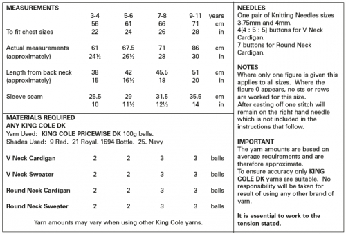 King Cole Pattern 5541 - Sizing/Quantity