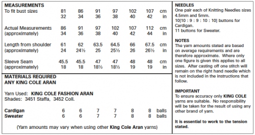 King Cole Pattern 5590 - Sizing/Quantity