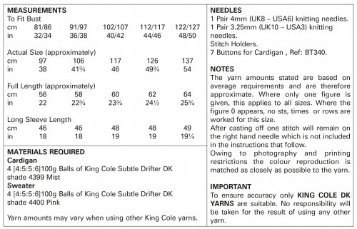 King Cole Pattern 5741 - Quantities