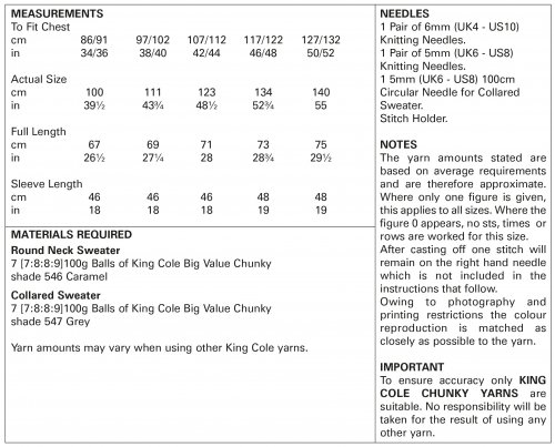 King Cole Pattern 5819 - Quantities