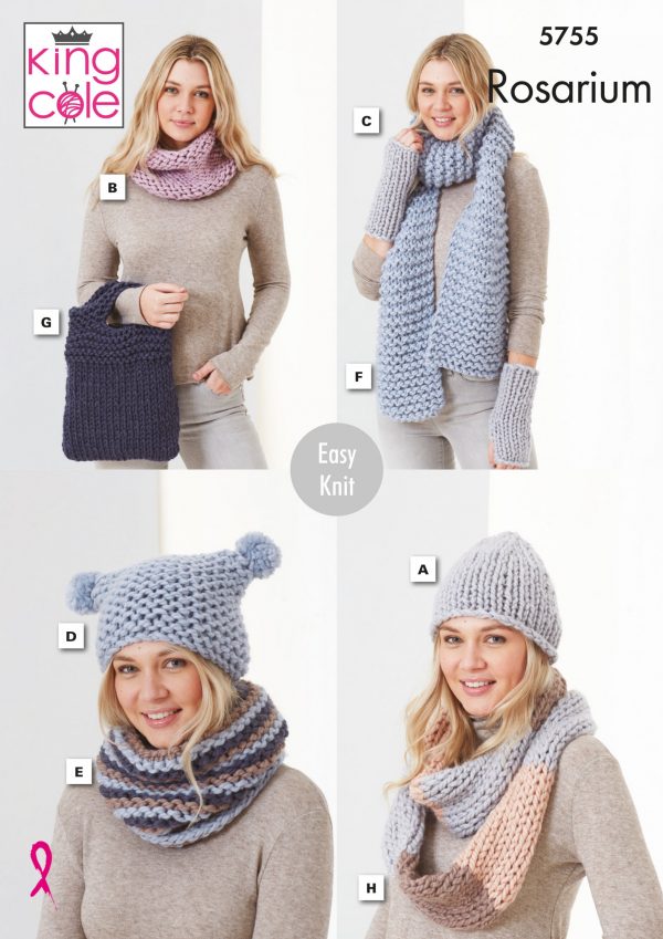 King Cole Pattern 5755 - Hats, Snoods, Wristwarmer,Scarf and Bag in Rosarium Mega Chunky