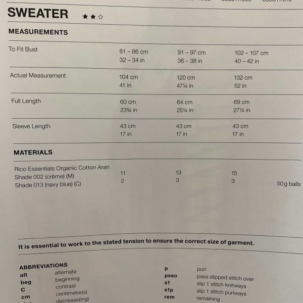 Rico Knitted Sweater Pattern 1196 - Quantities