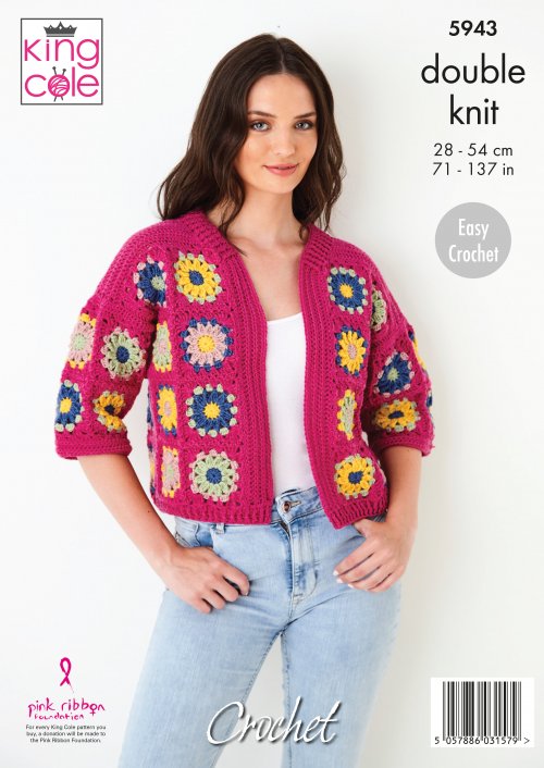 King Cole Pattern 5943 - Granny Square Long Cardy and Cropped 1/2 Sleeve Cardy