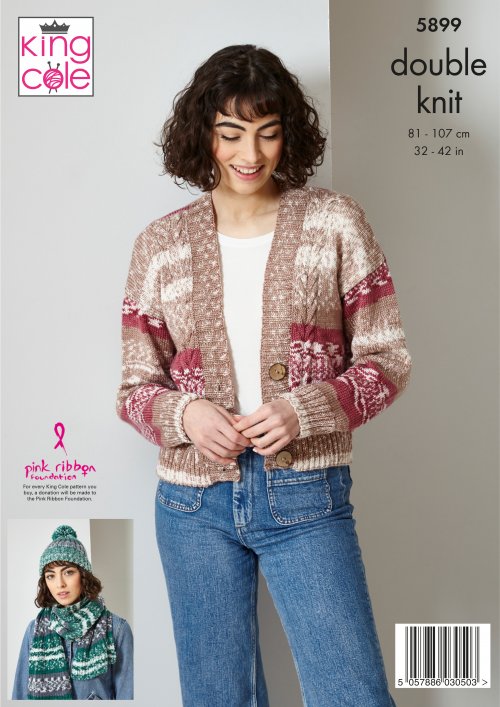 King Cole 5899 - Cardigan, Sweater, Scarf & Hat in Fjord DK