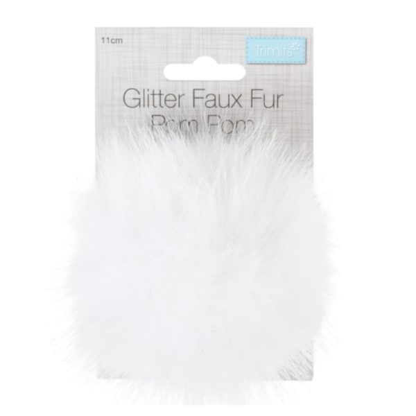 Trimits Faux Fur Pom Pom - White Glitter (11cm)